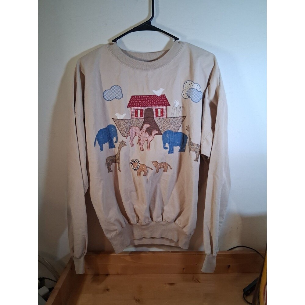 Vtg Noah's Ark Tan Women Shirt Long Sleeve Sz Large L USA Cottagecore Quitman